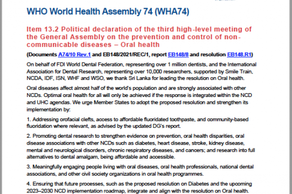74th WHO World Health Assembly Statement on Agenda Item 13.2 NCDs and oral health