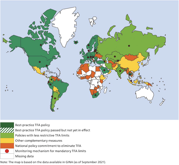 WHO map on global iTFA elimination progress (as of 2021)