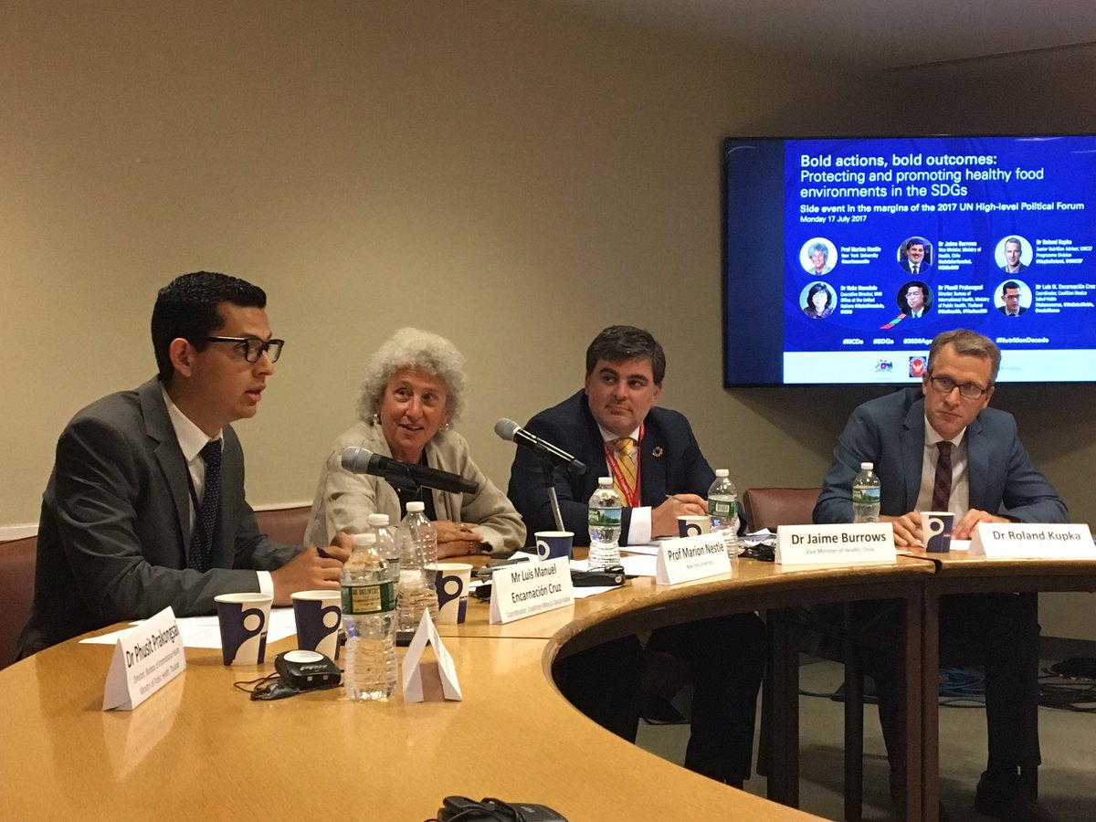 Luis Encarnación Cruz, Marion Nestle, Jaime Burrows & Roland Kupka at a HLPF 2017 side event on healthy food environments and the SDGs 
