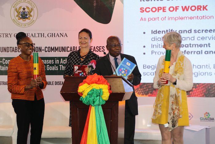 (Photo from Ghana MoH) Dr Matshidiso Moeti, WHO AFRO Regional Director; H.E. Ingrid Mollestad, Norwegian Ambassador to Ghana; Hon. Kwaku Agyeman-Manu MP, Ghanaian Minister of Health; Dr Bente Mikkelsen, NCD Director, WHO