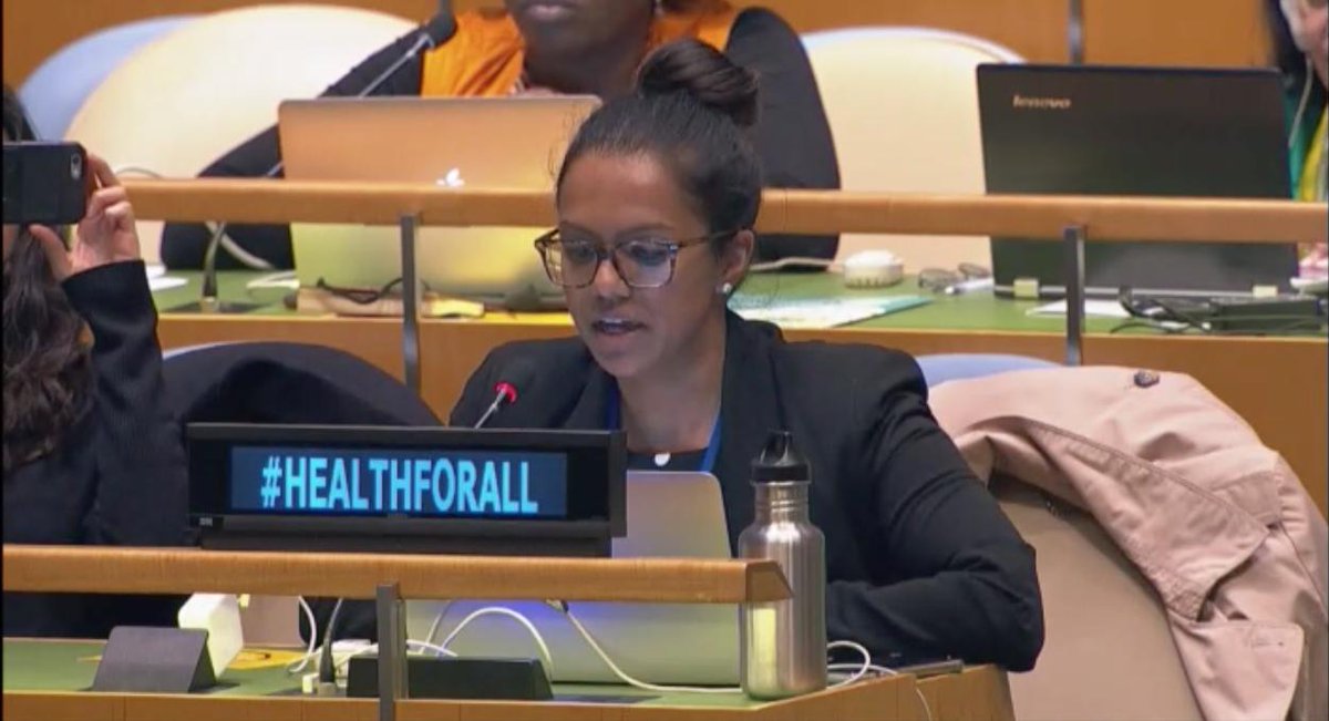 Priya Kanayson, Senior Advocacy Officer, NCD Alliance, delivers a statement at the UN hearing, Monday 29 April 2019.
