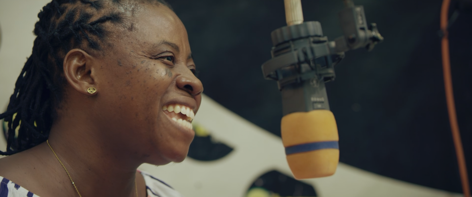 Martha Coffie, Vice President, Mental Health Society of Ghana. she speaks at a local radio station as part of the mini-film 'Stopping the Stigma'.