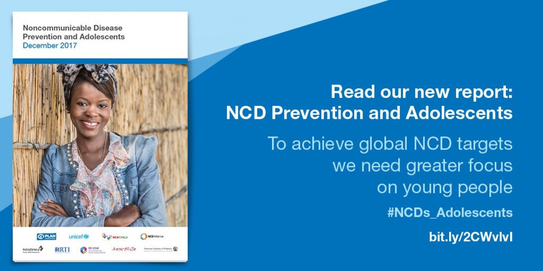 Graphic with title page of report: NCD Prevention and Adolescents
