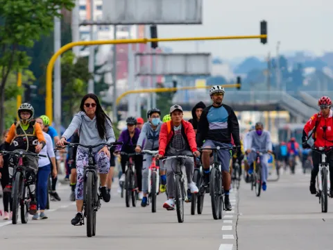 People cycling in Bogota's car-free day 'Ciclovia' in Colombia 