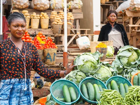 Two women selling vegetables at a farmers market in Nigeria 