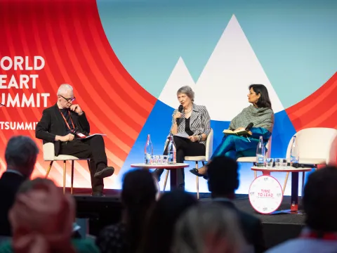 Richard Horton, Helen Clark and Sania Nishtar at NCDA-WHF event, 18 May 2025, Geneva.
