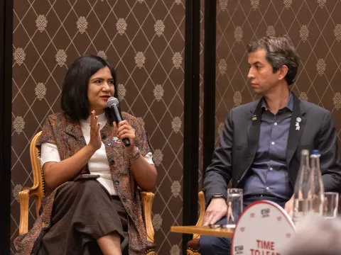 OVOV Global Advisory Committee Member Nupur Lalvani speaking at a WHA78 side event.