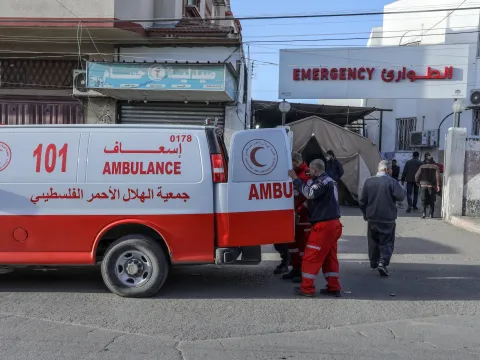 Red Crescent ambulance in front of a hospital in Rafah in the Gaza Strip.