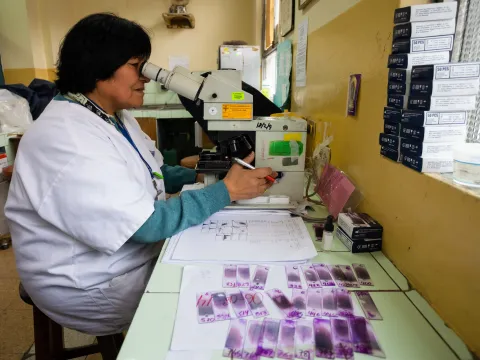 A healthcare worker examines blood samples through a microscope in a hospital laboratory in Lima, Peru