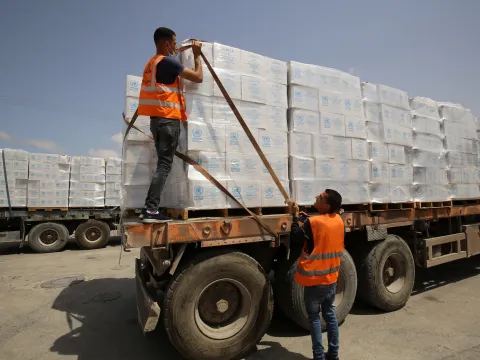 Trucks loaded with humanitarian aid, passes into Rafah in the southern Gaza Strip in 2021