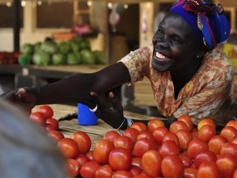 A member of a women's microfinance group sells produce at a market in Gulu, Uganda. 