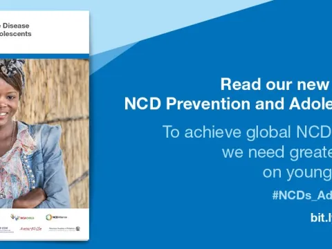 Graphic with title page of report: NCD Prevention and Adolescents