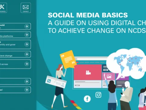 A graphic of the social media world - people surrounded by social media symbols and platforms