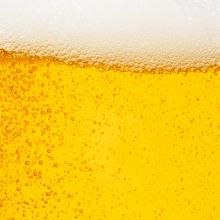 Close-up of a glass of beer showing the head and effervescence