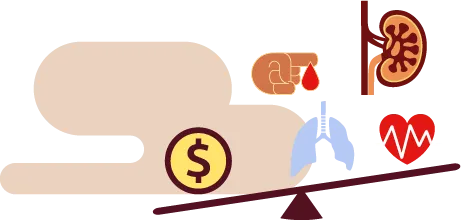 a balance beam with money on one end and a lung, heart, finger prick hand and kidney on the other to depict NCDs
