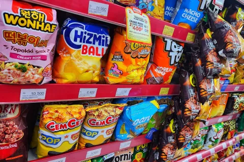 Crisps containing trans fats on the shelves of a supermarket in Indonesia 