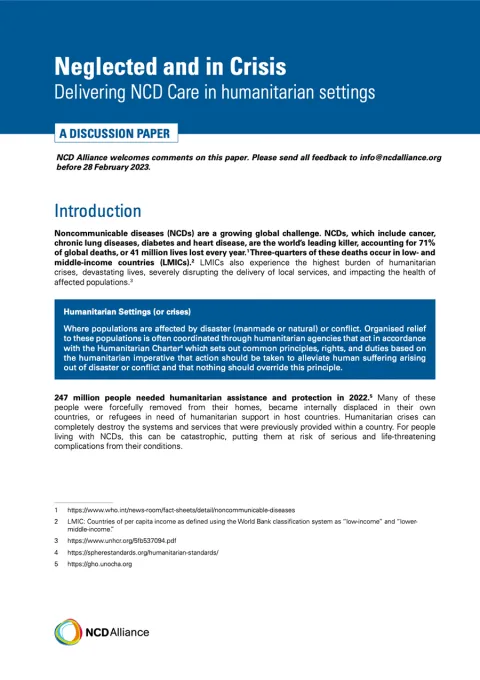 Neglected and in Crisis : Delivering NCD Care in humanitarian setting A discussion paper Cover