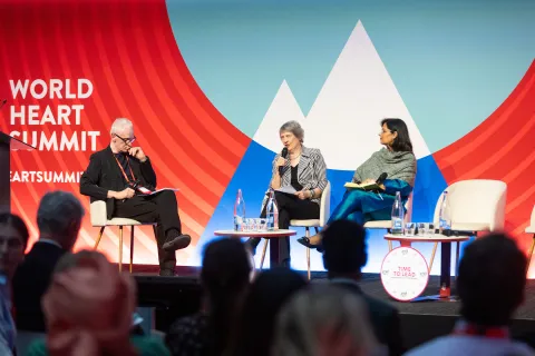 Richard Horton, Helen Clark and Sania Nishtar at NCDA-WHF event, 18 May 2025, Geneva.