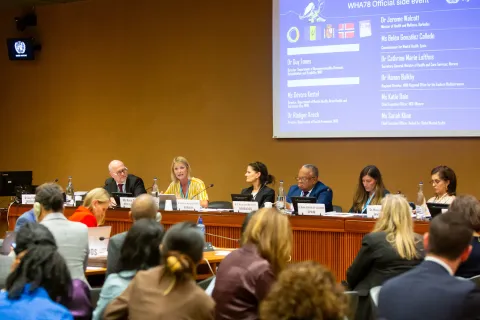 NCDA CEO Katie Dain speaking at the Equity and integration WHA78 side event panel in Geneva, May 2025.