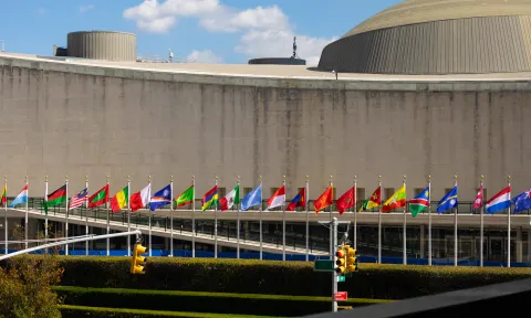 Flags in front of the UN Headquarters in New York