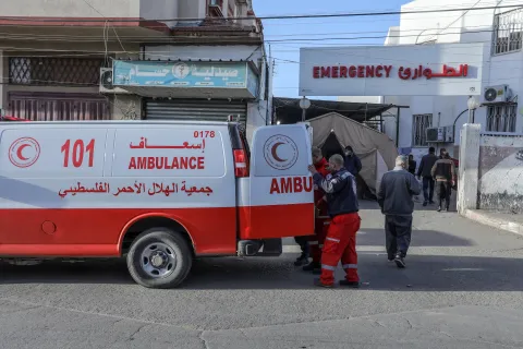 Red Crescent ambulance in front of a hospital in Rafah in the Gaza Strip.
