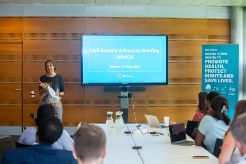 Alison Cox, NCDA’s Policy and Advocacy Director, speaks at our WHA75 civil society briefing on Sunday 22 May 2022
