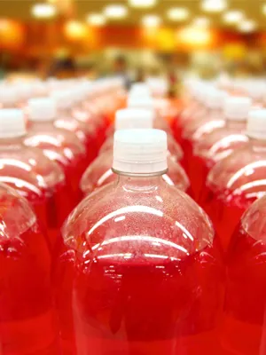 A factory line of red flavoured sugary drinks