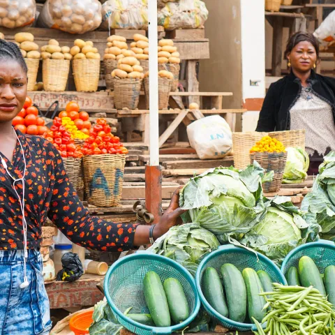 Two women selling vegetables at a farmers market in Nigeria 