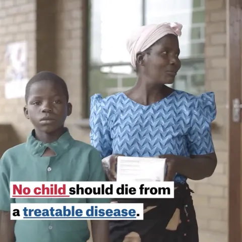 Mother and child standing outdoors, with a caption reading “No child should die from a treatable disease.”