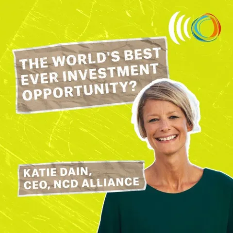 podcast cover with katie dain on yellow backgound and text the worlds best investment opportunity