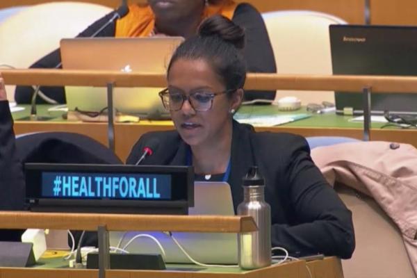 Priya Kanayson, Senior Advocacy Officer, NCD Alliance, delivers a statement at the UN hearing, Monday 29 April 2019.